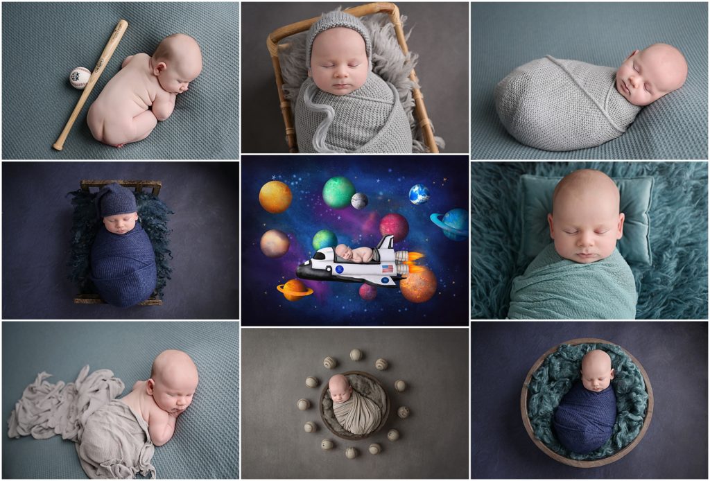 6 week old newborn portrait session with Cherilyn Haines Photography in New Orleans, Louisiana. There are some baseball themed newborn portrait setups and there are also some astronaut and space themed newborn pictures. 