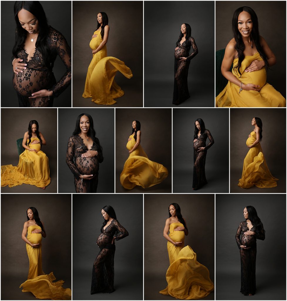 fine art maternity portrait session in Baton Rouge, Louisiana with Cherilyn Haines Photography. This mama-to-be was photographed wearing a fitted black lace maternity gown on a dark gray backdrop. She was also photographed wearing a mustard yellow silk tossing fabric for some dramatic  poses.