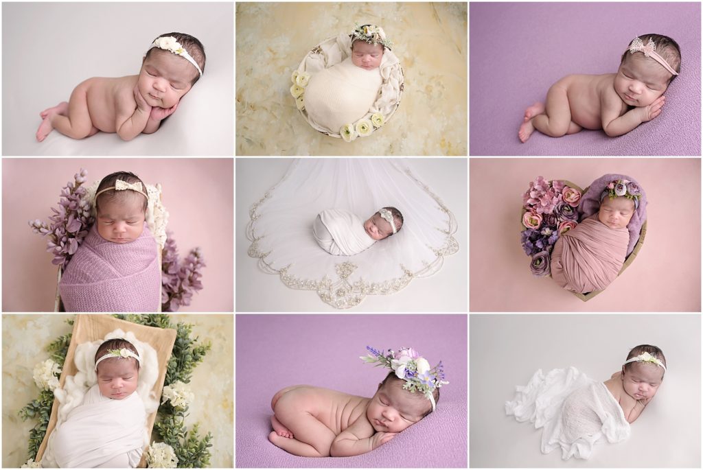 pink, white, and purple themed newborn portrait session in Baton Rouge, Louisiana with Cherilyn Haines Photography. Newborn baby girl is photographed swaddled and laying on mom's wedding veil.
