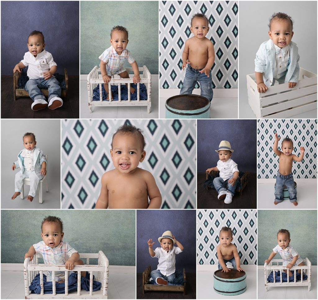 1 year old baby boy is photographed by Cherilyn Haines Photography at her studio in Baton Rouge, Louisiana. His is photographed on a navy backdrop and sea green backdrop as well as a fun diamond shaped patterned backdrop.