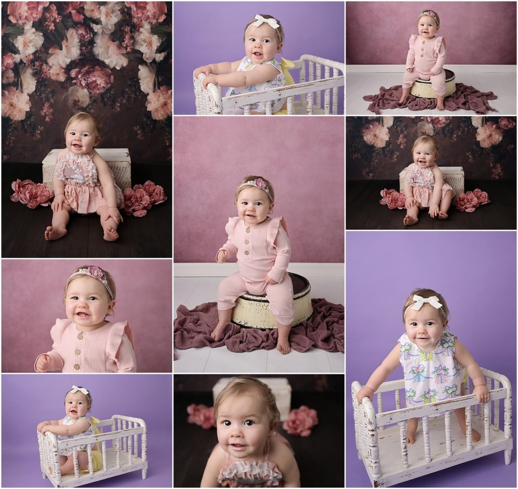 1 year old baby girl is photographed by Cherilyn Haines Photography at her studio in Baton Rouge, Louisiana. She is photographed in front of a mauve and pink large floral backdrop and also on a bold lavender backdrop. Cherilyn photographed this baby girl as a newborn, a 6 month old, and a 1 year old. 