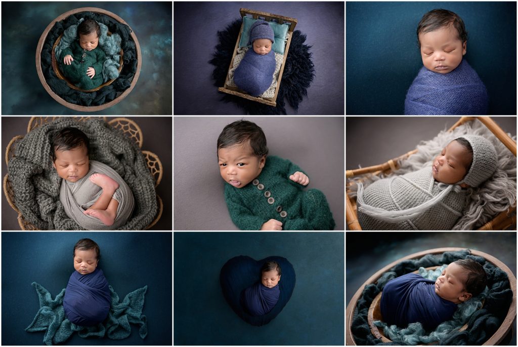 newborn baby session is styled by cherilyn haines photography with royal blues, dark teals, emerald greens, and grays. This 11 day old baby boy's mama had maternity portraits taken at the Baton Rouge, Louisiana studio as well before his arrival.