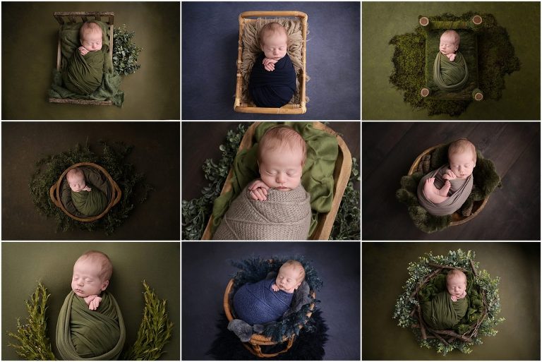fine art outdoor themed newborn portrait session with cherilyn haines photography. This 13 day old newborn baby boy's session was styled using blues, greens, and browns with wood and greenery accents. Cherilyn photographs newborns and babies up to 1 year old at her studio in Baton Rouge, LOUISIANA.