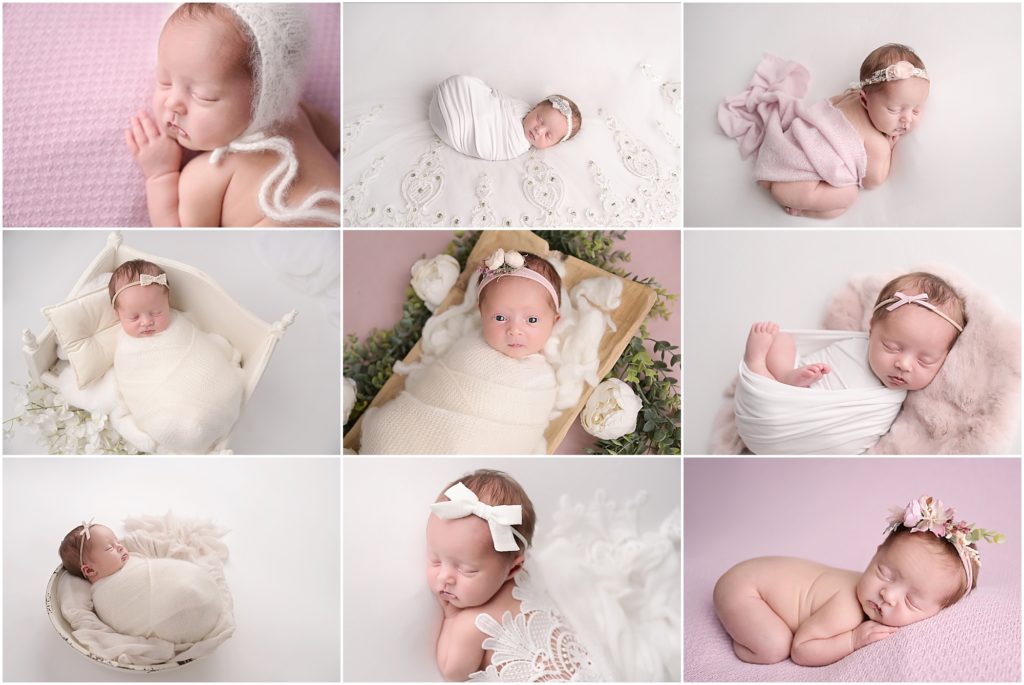 17 day old newborn baby girl is photographed by cherilyn haines photography at her baton rouge, louisiana photography studio. Her session is styled with soft pinks and whites/ivory and accented with lace and florals. Cherilyn Haines is a fine art maternity, newborn, and baby photographer in the Baton Rouge and surrounding areas.