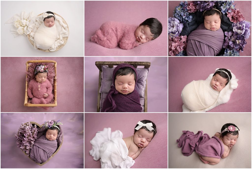 23 day old newborn baby girl is photographed in shades of pinks, purples, and whites at her newborn session with cherilyn haines photography in baton rouge, louisiana. Cherilyn is a fine art maternity, newborn, and baby photographer in the Baton Rouge and surrounding areas.