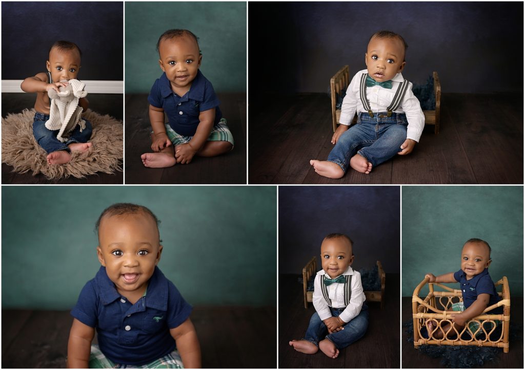 6 month old baby boy is photographed on navy and emerald green backdrops. He is photographed in jeans with suspenders and a bowtie at Cherilyn Haines Photography's studio in Baton Rouge, Louisiana.