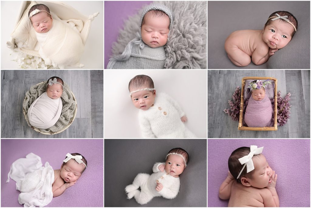 15 day old newborn baby girl is photographed by cherilyn haines photography at her studio in baton rouge, louisiana. She is photographed sleeping swaddled in different props. She is also photographed wide awake wearing a fuzzy white footed pajama outfit.