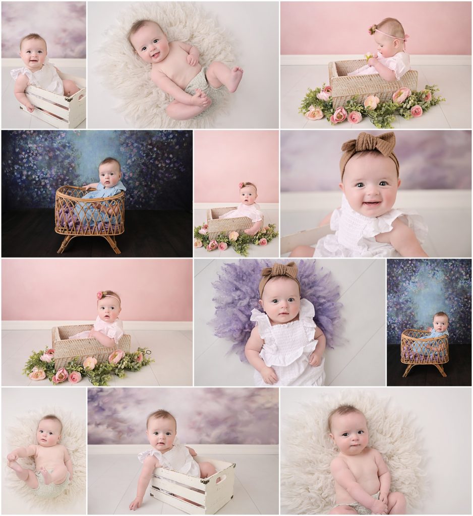 6 month old baby girl is photographed by cherilyn haines photography at her studio in baton rouge, louisiana. Cherilyn also photographed this baby as a newborn and will photograph her again when she turns 1 year old. She is photographed in front of a few girly, floral backdrops and is posed in antique cradles and crates accented with florals.