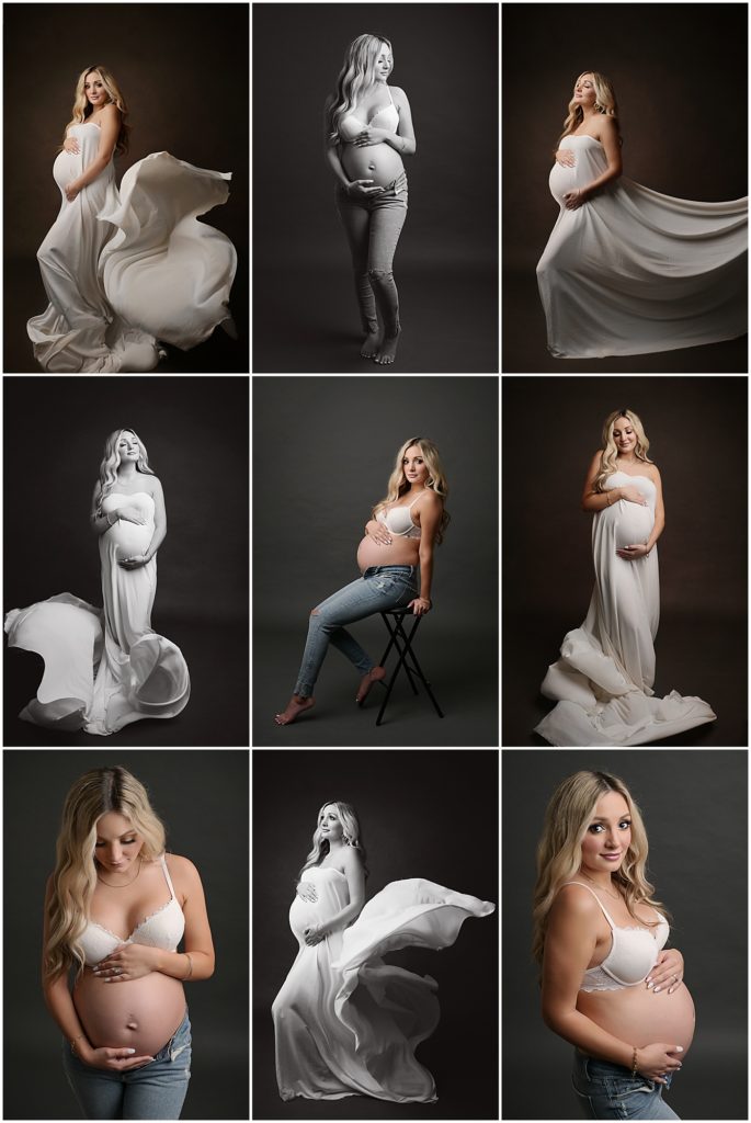 Fine art maternity portrait session in baton Rouge, louisiana with Cherilyn Haines Photography. This pregnant mama was photographed wearing  jeans and a white bra to accentuate her growing belly. She is also photographed using a white silk tossing fabric that is draped around her. The tossing fabric gives a very glamorous, fine art feel to her images.