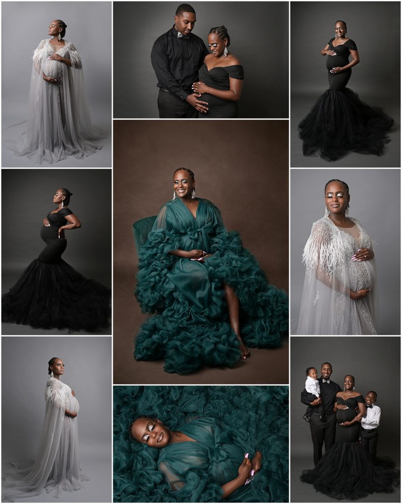 Fine art maternity session with Cherilyn Haines Photography in Baton Rouge, Louisiana. This pregnant mama was photographed wearing a long black fitted gown with tulle skirt. She was also photographed laying down wearing an emerald green tulle robe. And lastly, she wore a silver beaded couture gown.