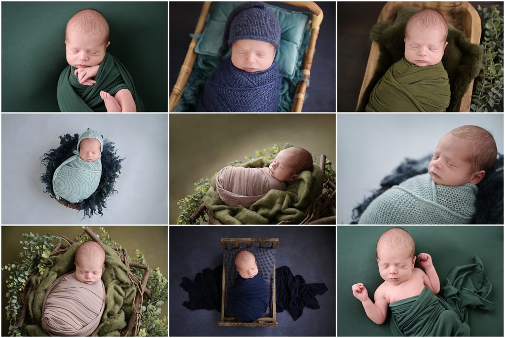 9 day old newborn baby boy is photographed at cherilyn haines photography's studio in baton rouge, louisiana. His session is styled with shades of blues and greens with a woodland/greenery theme. Cherilyn Haines is a fine art maternity, newborn, and baby photographer who services the baton rouge and surrounding areas. 