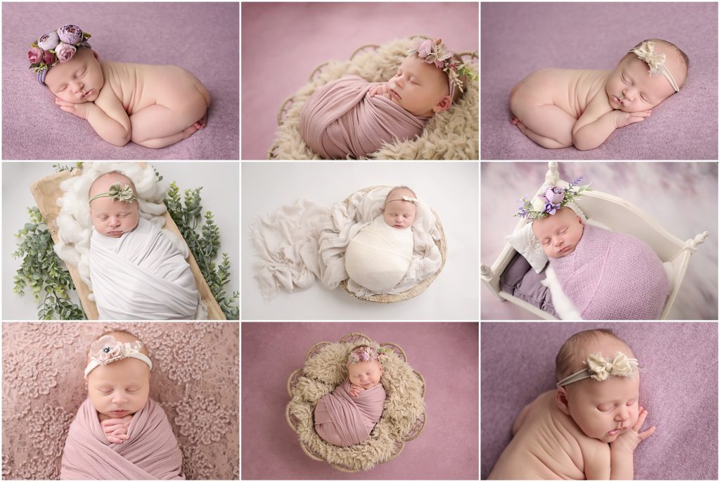 11 day old newborn baby girl is photographed at her newborn session with cherilyn haines photography. This baby girl's session is styled with pinks and purples with floral accents. Cherilyn is a fine art maternity, newborn, and baby photographer who services Baton Rouge, Denham Springs, New Orleans, Hammond, Lake Charles and Lafayette, Louisiana.