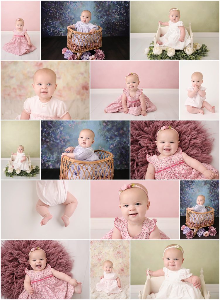 7 month old baby girl is photographed for the second time by Cherilyn Haines at her studio in New Orleans, Louisiana. Cherilyn also photographed her as a one week old newborn. Cherilyn is a maternity, newborn, and baby photographer in Baton Rouge, Louisiana.