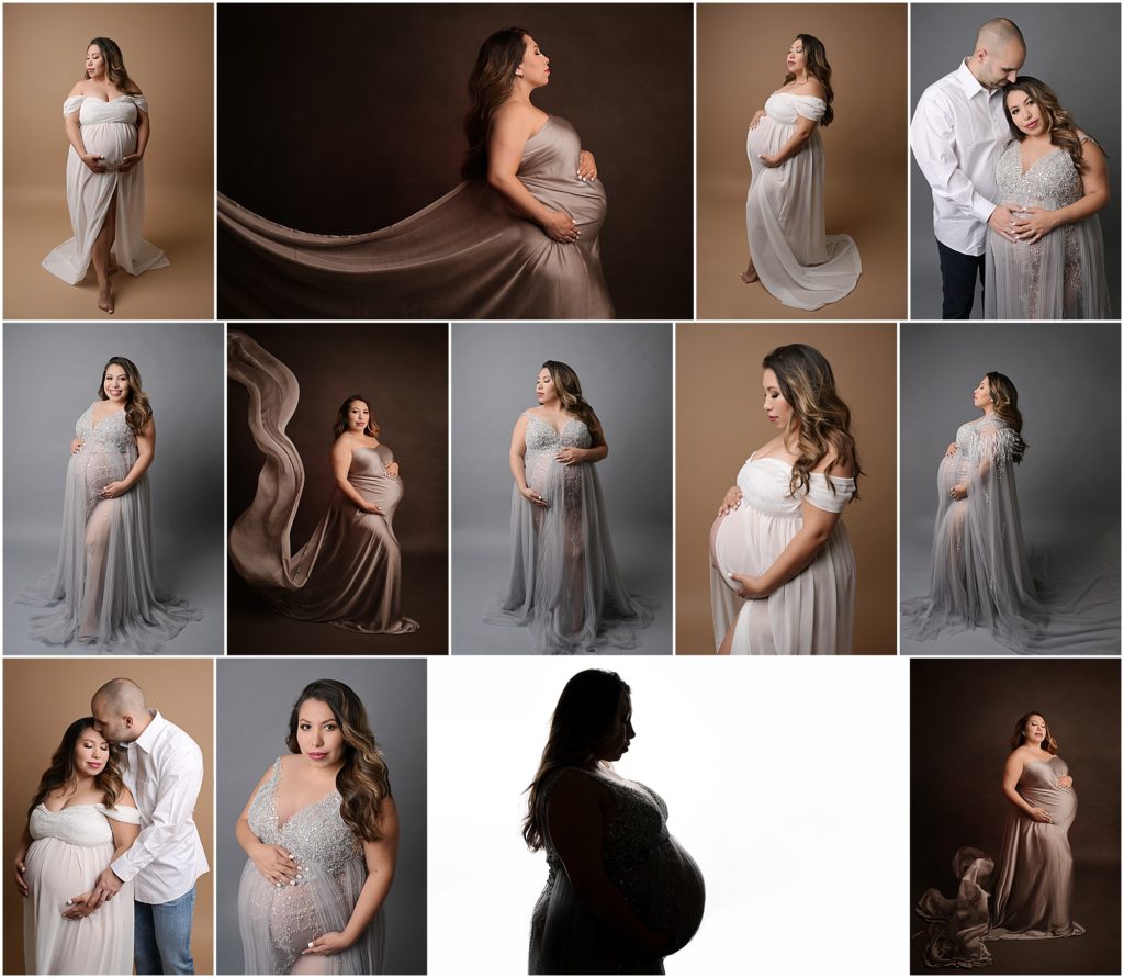 Fine art maternity portrait session in Baton Rouge, Louisian with Cherilyn Haines Photography. Beautiful mama-to-be is photographed wearing an off-the-shoulder sheer ivory gown, a silver sequin couture gown, and a taupe silk satin tossing fabric. Cherilyn Haines is a fine art maternity, newborn, and baby photographer servicing Denham Springs, Baton Rouge, Hammond, New Orleans, Lake Charles, and Lafayette, Louisiana.