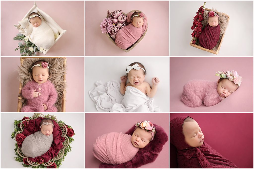 9 day old newborn baby girl is photographed at cherilyn haines photography's studio in baton rouge, louisiana. Her newborn session is styled using pinks, maroon, and whites. Cherilyn will also be photographing her 6 month session and 1 year session as well. 