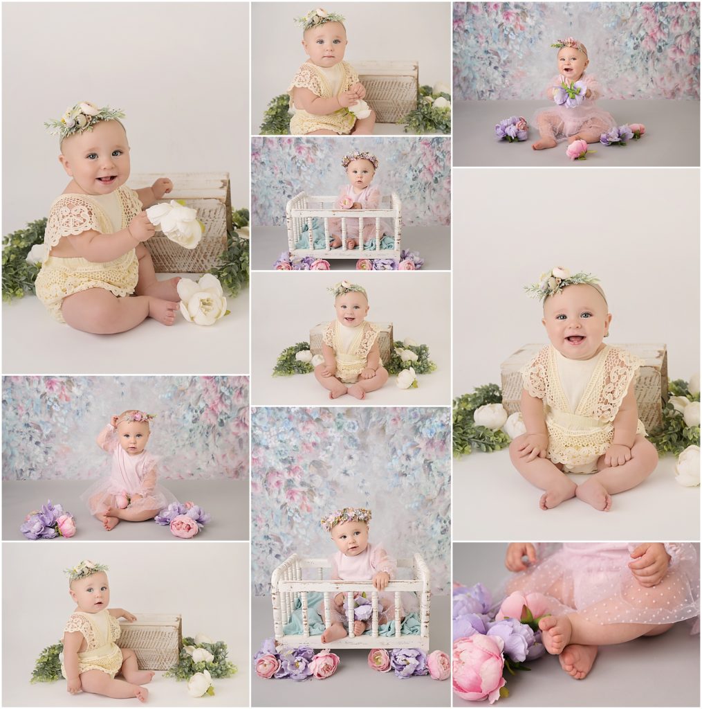 1 year old baby girl is photography in baton rouge, louisiana by cherilyn haines photography. She is photographed on a pastel floral backdrop while wearing a pink romper and floral crown. Cherilyn is a fine art maternity, newborn, and baby photographer who services all areas of Louisiana.