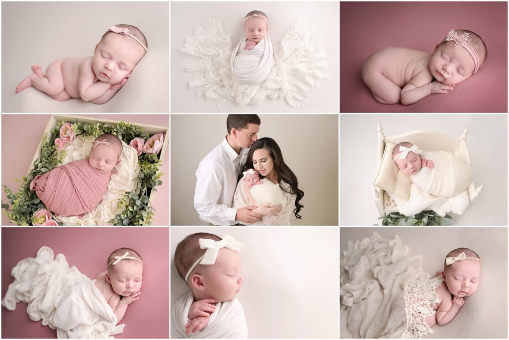 two week old newborn baby girl is photographed by cherilyn haines photography at her studio in baton rouge, louisiana. This session was styled with classic ivory and pink with lace, florals, and other girly accents