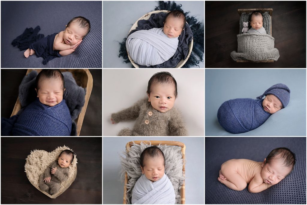 16 day old newborn baby boy is photographed during his newborn session with Cherilyn Haines Photography. His session in Baton Rouge was styled with shades of blues, grays, and browns and he did both awake and sleeping shots.