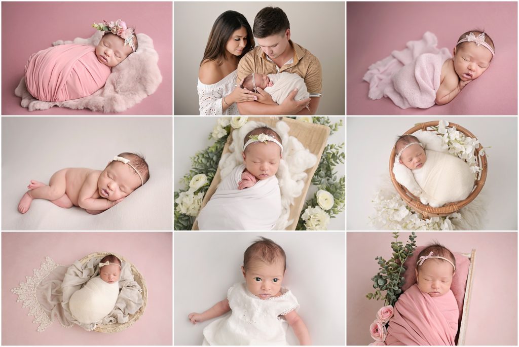 17 day old newborn baby girl is photographed at her newborn session with cherilyn haines photography at her studio in baton rouge, louisiana. These baby portraits are styled with pinks, white, and feminine touches like lace, flowers, and headbands.