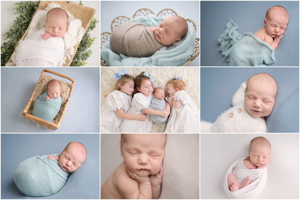 12 day old newborn baby boy is photographed by cherilyn haines photography at her studio in baton rouge, louisiana. He is photographed sleeping on a blue blanket, swaddled in a basket, and smiling while wearing a fuzzy white footed romper. He is also photographed being held by his three big sisters. Cherilyn is a fine art maternity, newborn, and baby photographer in the Baton Rouge and surrounding areas.