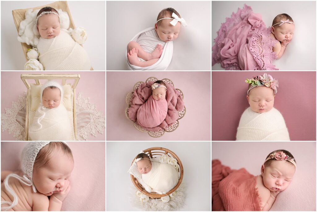 14 day old newborn baby girl is photographed at cherilyn haines photography's studio in baton rouge, louisiana. This baby is photographed swaddled in a white swaddle with floral headband laying in a tiny papasan chair. She is also photographed in a pink swaddled laying in a wicker bowl.