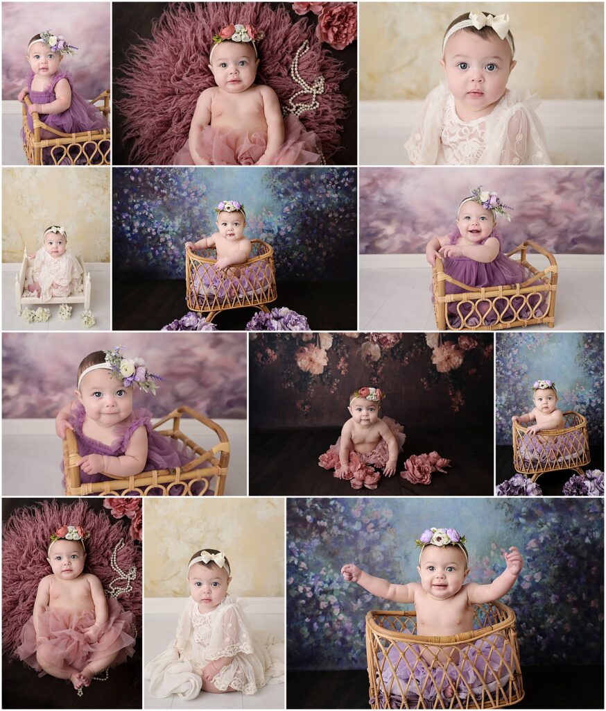 6 month old baby girl is photographed at cherilyn haines photography's studio in baton rouge, louisiana. She is photographed in a purple tulle dress in front of a purple floral backdrop. She is also photographed in a rose colored tutu on a floral backdrop and rug. 