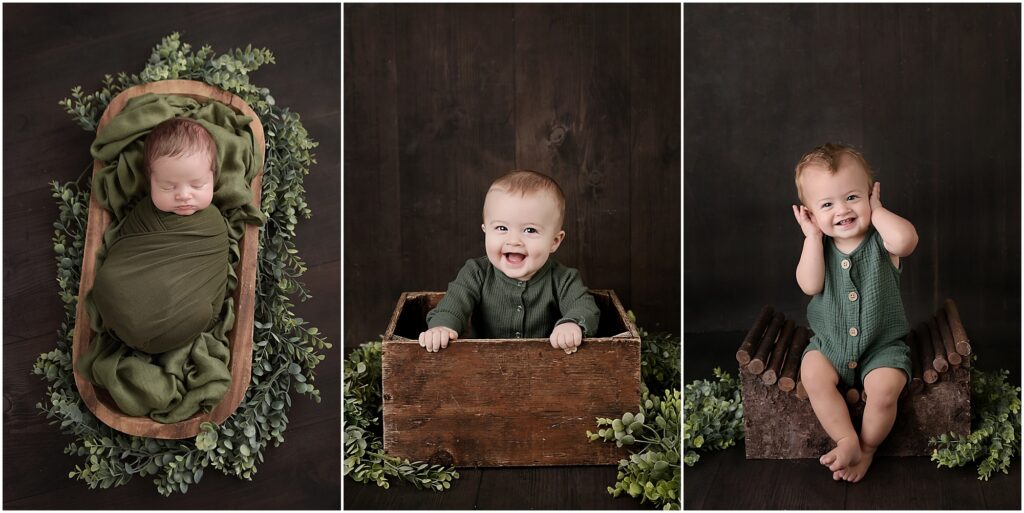 Progression shot of a baby boy photographed by cherilyn haines photography as a newborn, a 6 month old, and a 1 year old using the same backdrop and accessories