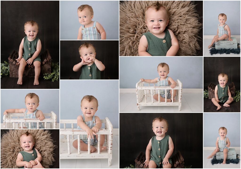 1 year old baby boy is photographed by cherilyn haines photography at her studio in baton rouge, louisiana. He is photographed sitting on a dark wood backdrop and also in front of a classic light blue backdrop.