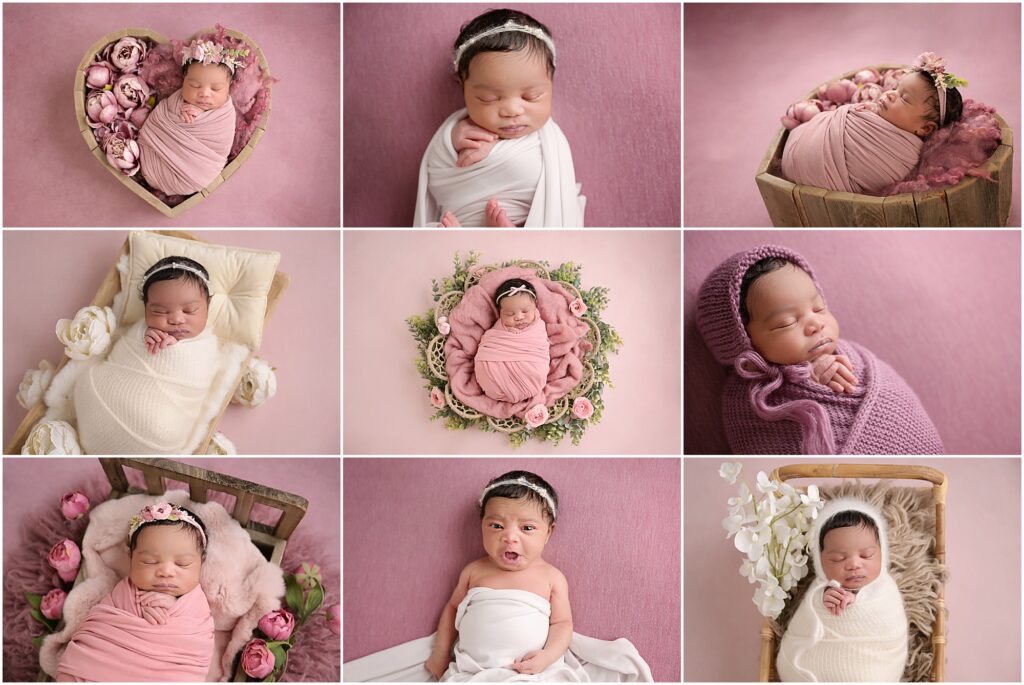 11 day old newborn baby girl is photographed at her newborn session in baton rouge, LOUISIANA with cherilyn haines photography. She had a pink and floral themed portrait session. 