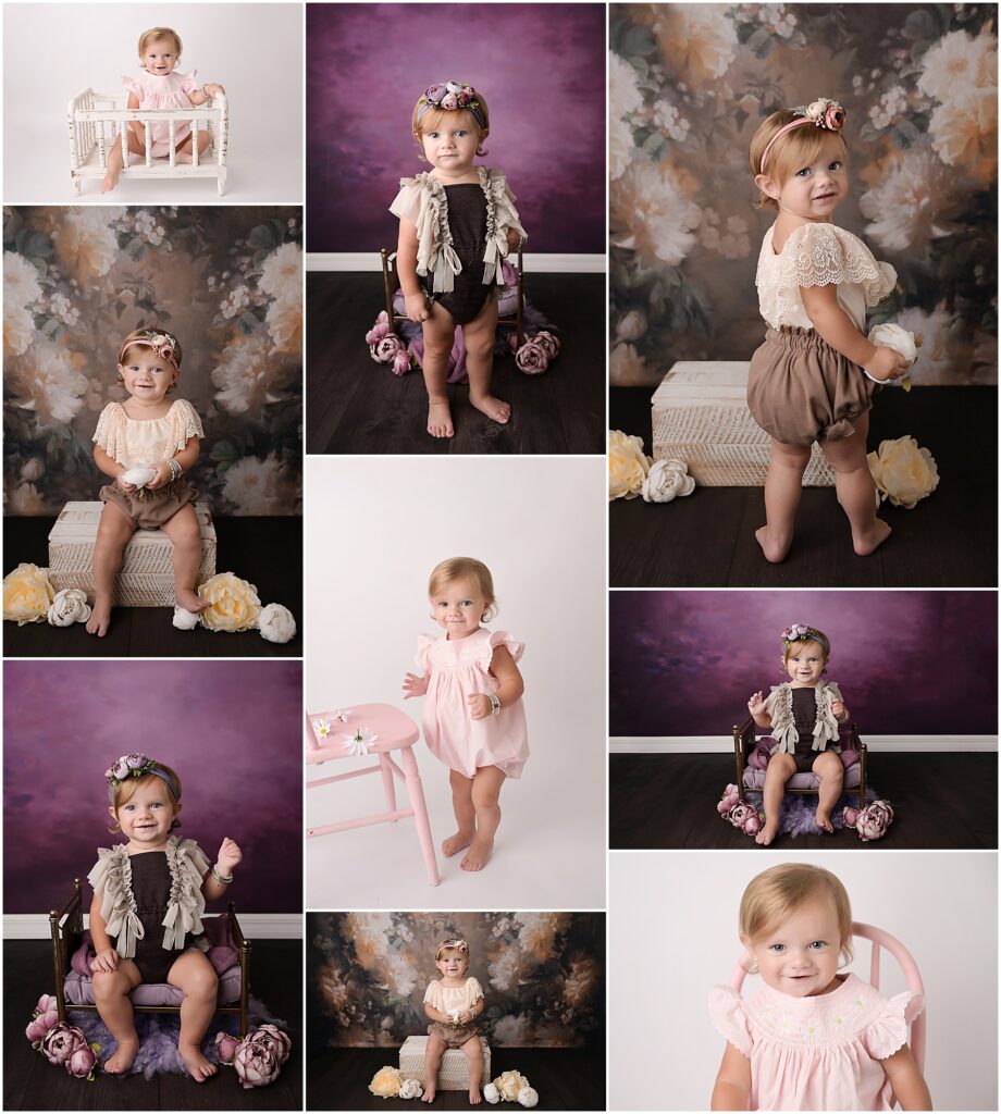 1 year portrait session with Cherilyn Haines Photography in Baton Rouge, Louisiana. This baby girl is photographed in front of a floral backdrop, a deep purple backdrop, and a classic white backdrop. Cherilyn also photographed her as a newborn, 6 month old, and 1 year old.