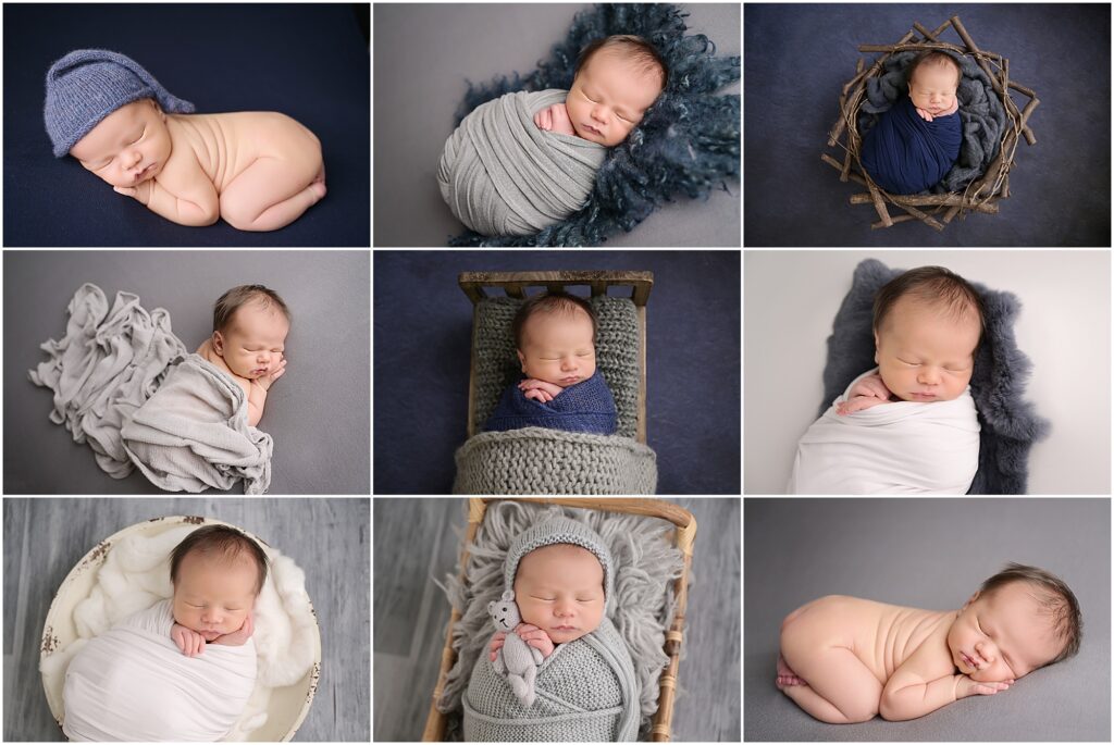 8 day old newborn baby boy is photographed at cherilyn haines photography's studio in baton rouge, louisiana. His session incorporated lots of navy blue, grays, and white and he was photographed sleeping while laying on blankets and swaddled in baskets.