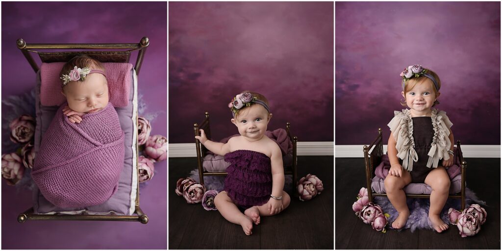 Baton Rouge, Louisiana baby plan photographer. This baby girl is photographed by Cherilyn Haines Photography as a newborn, 6 month old, 1 year old on the same backdrop and prop.