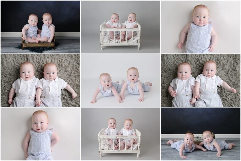 6 month old twin baby boys are photographed together at cherilyn haines photography's studio in baton rouge, louisiana. They are photographed on gray, white, and navy blue backdrops.