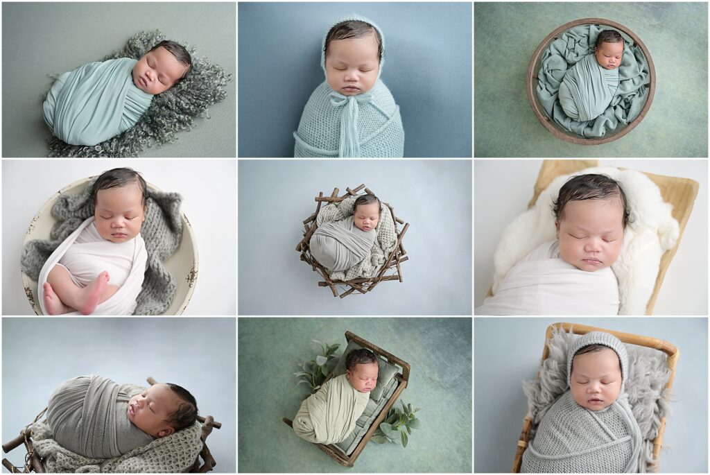 19 day old newborn baby boy is photographed by cherilyn haines photography. This session was a green, blue, and gray themed session with swaddled setups and props.