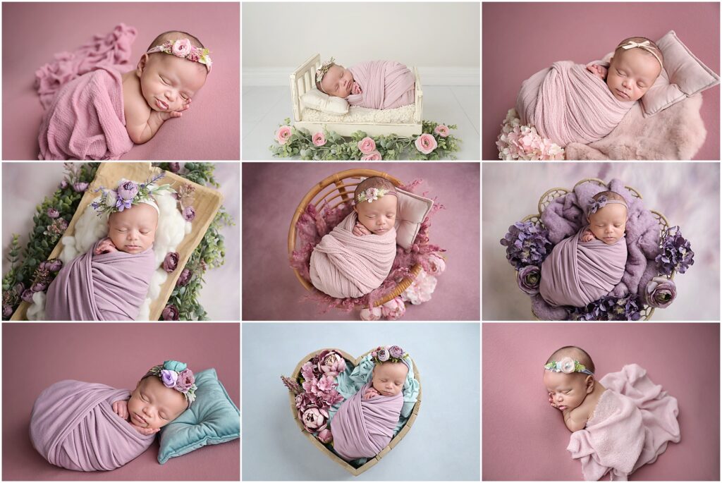 floral themed newborn portrait session with a 1 month old newborn baby girl. Cherilyn Haines Photography styled this session using shades of pinks, purples, and aquas and added lots of floral accents to each setup.