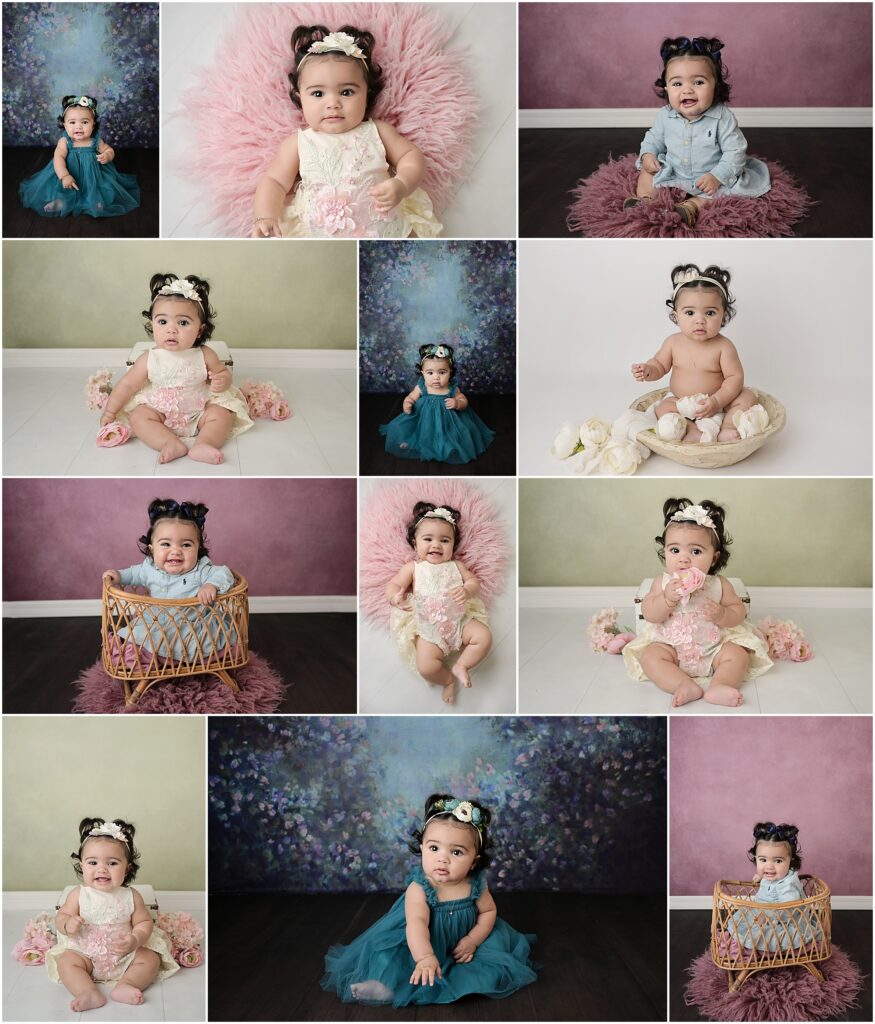 6 month portrait session with Cherilyn Haines Photography in baton rouge, louisiana. this baby girl was photographed on floral backdrops and in baskets surrounded by flowers of different colors.