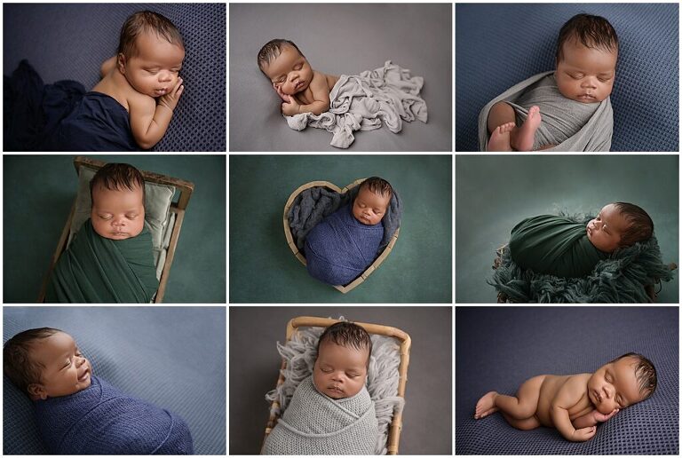 Newborn portrait session in Baton Rouge, Louisiana with Cherilyn Haines Photography. 1 month old baby boy's first portrait session was styled with deep greens and blues. 