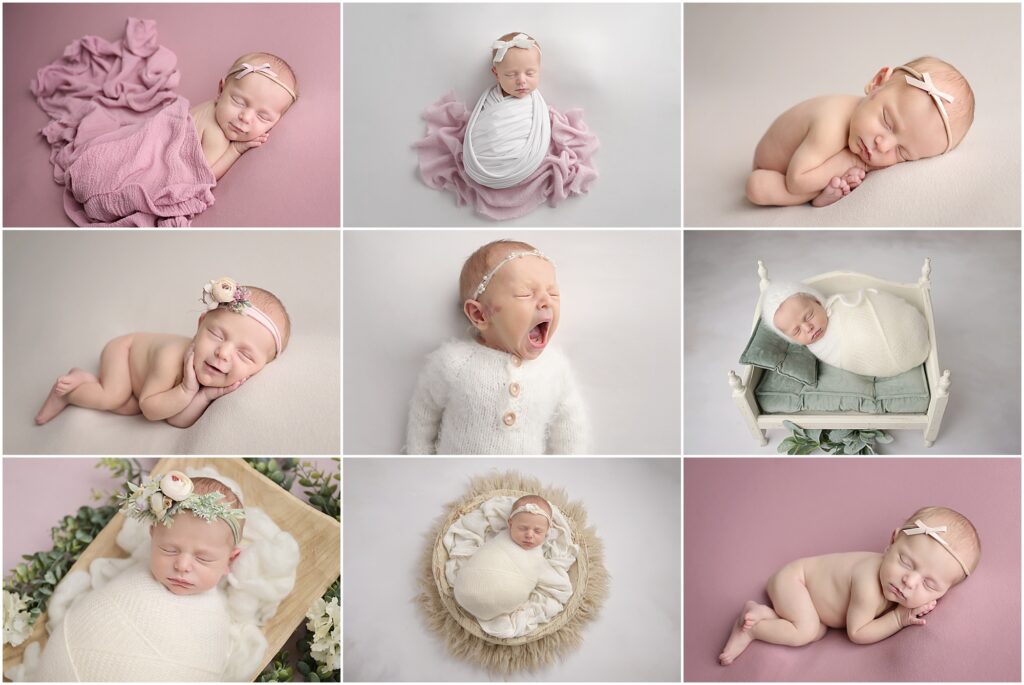 14 day old newborn baby girl is photographed by cherilyn haines photography. Her session is styled with pinks, neutrals, and floral accents. She is posed sleeping on blankets as well as swaddled in props with floral headbands.
