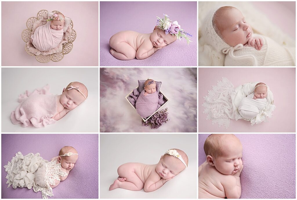 12 day old newborn baby girl is photographed by Cherilyn Haines Photography at her studio in Baton Rouge, Louisiana. This session was styled with pinks and purples and lots of girly touches like florals and lace.
