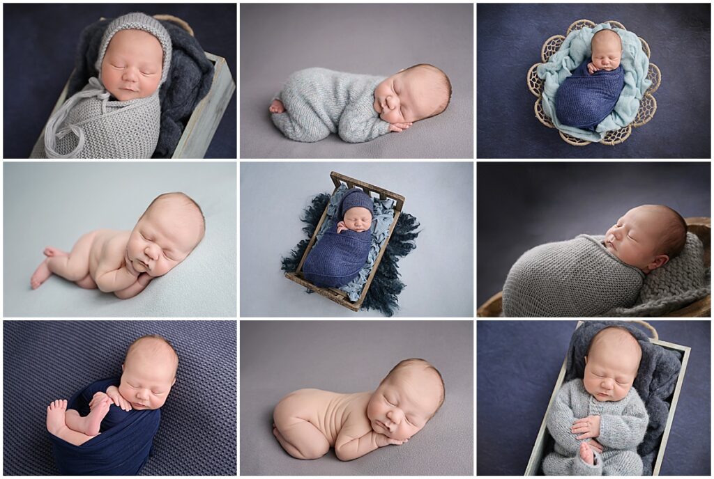 11 day old newborn baby boy is photographed by Cherilyn Haines Photography in Baton Rouge, Louisiana. His newborn session is styled with shades of blues and grays and he is photographed sleeping in different positions and props.