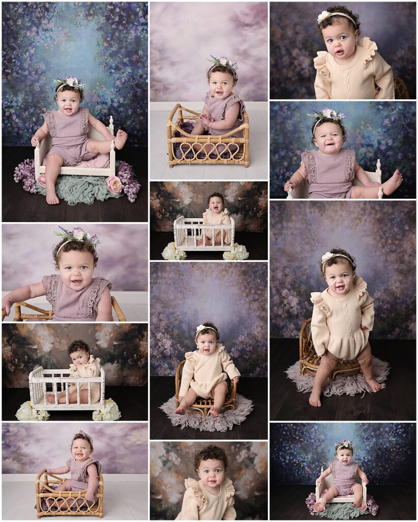 1 year old baby girl is photographed by Cherilyn Haines Photography at her studio in Baton Rouge, Louisiana. This baby girl was also photographed as a newborn and a 6 month old.
