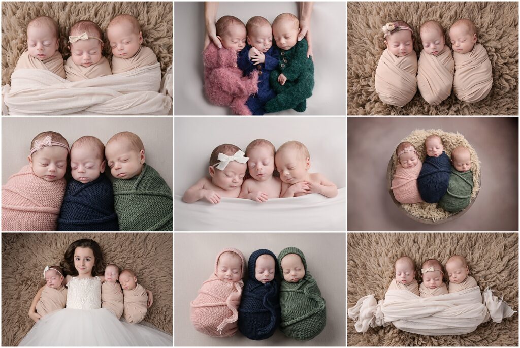 3 week old newborn triplets photographed by cherilyn haines photography in baton rouge, louisiana. These girl/boy/boy triplets are photographed swaddled together in baskets and also being held by their big sister. 