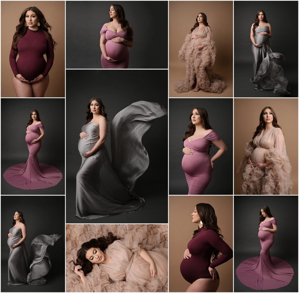 fine art maternity portrait session with cherilyn haines photography in baton rouge, louisiana. This pregnant mama was photographed in a fitted long sleeve bodysuit, a tulle robe, and mermaid style pink gown, and silver silk tossing fabric.