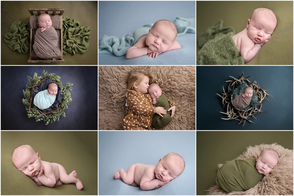 One week old newborn baby boy is photographed by cherilyn haines photography at her studio in baton rouge, louisiana. His session is styled with blues and greens and rustic accents. He is photographed sleeping on blankets, swaddled in deer antler props, and snuggling with his big sister. 