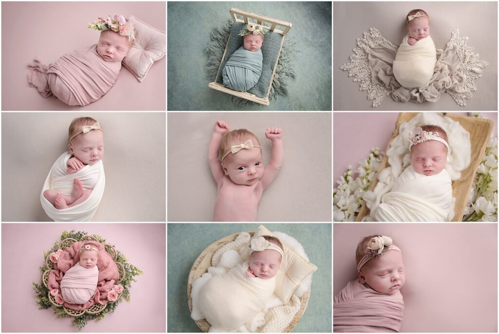 newborn session with an 11 day old baby girl. This newborn baby is photographed by cherilyn haines at her photography studio in baton rouge, louisiana. She had a pink floral themed session with sage green and lace accents.