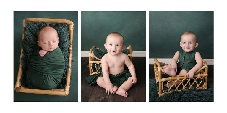 progression shots of baby in the same basket as a newborn, 6 month old, and 1 year old. This 1 year old baby boy is photographed by Cherilyn Haines Photography at her studio in Baton Rouge, Louisiana.