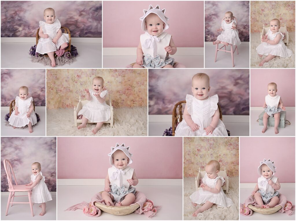 1 year old baby girl is photographed by Cherilyn Haines Photography at her studio in Baton Rouge, Louisiana; Cherilyn has photographed her as a newborn and a 4 month session