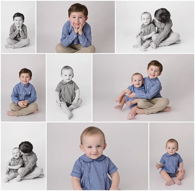 simple, classic pictures of 1 year old baby boy with big brother on a white backdrop in New Orleans, Louisiana