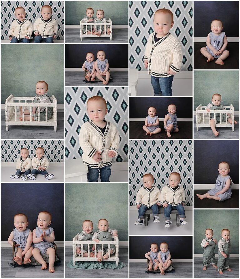 1 year old twin baby boys are photographed at Cherilyn Haines photography's studio in Baton Rouge, Louisiana.