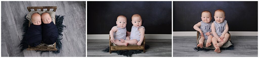 Progression shots of twin baby boys who were photographed as newborns, 6 month olds, and 1 year olds by Cherilyn Haines Photography. Cherilyn Haines is a fine art maternity, newborn, and baby photographer who has clients in Denham Springs, New Orleans, Lake Charles, Lafayette, Gonzales, and Baton Rouge, Louisiana as well as Houston, Texas. 